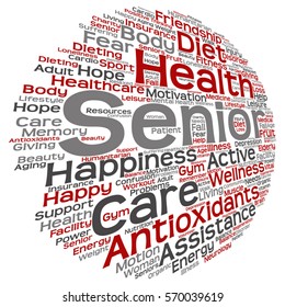 Vector concept conceptual old senior health, care or elderly people abstract word cloud isolated on background metaphor to healthcare, illness, medicine, assistance, help, treatment, active or happy