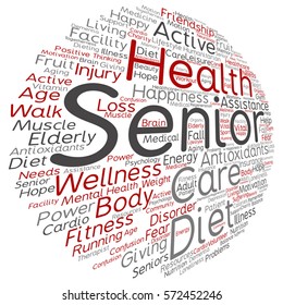 Vector concept conceptual old senior health, care or elderly people abstract word cloud isolated on background metaphor to healthcare, illness, medicine, assistance, help, treatment, active or happy