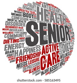 Vector concept conceptual old senior health, care or elderly people abstract word cloud isolated on background metaphor to healthcare, illness, medicine, assistance, help, treatment, active or happy