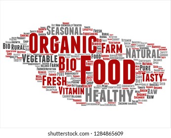 Vector concept conceptual organic food healthy bio vegetables abstract word cloud isolated background. Collage of natural, fresh tasty farm agriculture, certificate ecological garden quality crop text