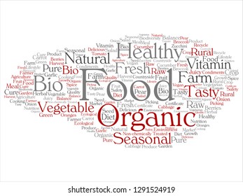 Vector concept conceptual organic food healthy bio vegetables abstract word cloud isolated background. Collage of natural, fresh tasty farm agriculture, certificate ecological garden quality crop text