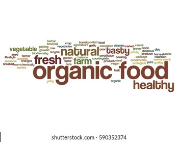 Vector concept conceptual organic food healthy bio vegetables abstract word cloud isolated on background metaphor to natural, fresh tasty farm agriculture, certificate ecological garden quality crop