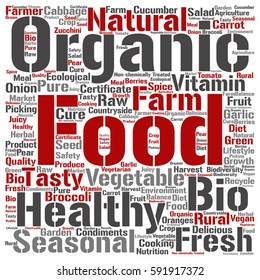 Vector concept or conceptual organic food healthy bio vegetables square word cloud isolated on background metaphor to natural, fresh tasty farm agriculture, certificate ecological garden quality crop