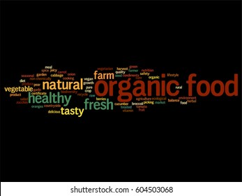 Vector concept conceptual organic food healthy bio vegetables abstract word cloud isolated on background metaphor to natural, fresh tasty farm agriculture, certificate ecological garden quality crop