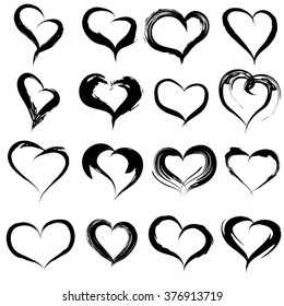 Vector concept conceptual painted black heart shape love symbol set or collection, made by a happy child at school isolated on white background metaphor to valentine, romantic, education, art feeling