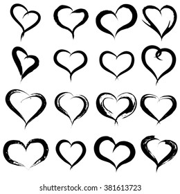 Concepto vectorial forma de corazón negro pintado conceptual conjunto o colección de símbolos de amor, hecho por un niño feliz en la escuela aislado en la metáfora de fondo blanco a valentina, romántica, educativa, arte sentimental