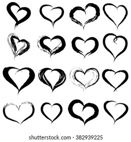Vector concept conceptual painted black heart shape love symbol set or collection, made by a happy child at school isolated on white background metaphor to valentine, romantic, education, art feeling