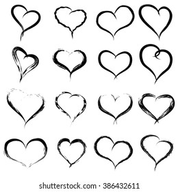 Vector concept or conceptual painted black heart shape or love symbol set or collection, made by a happy child at school isolated on white background