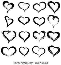 Vector concept conceptual painted black heart shape love symbol set or collection, made by a happy child at school isolated on white background metaphor to valentine, romantic, education, art feeling