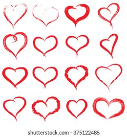 Vector concept conceptual painted red heart shape or love symbol set or collection, made by a happy child at school isolated on white background metaphor to valentine, romantic, education, art feeling