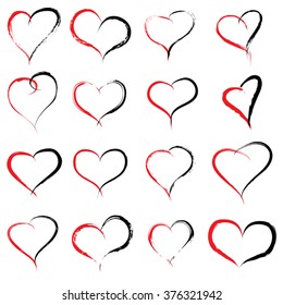 Vector concept conceptual painted red black heart shape or love symbol set or collection, made by a happy child at school isolated on background metaphor to valentine, romantic, education, art feeling