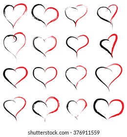 Vector concept conceptual painted red black heart shape or love symbol set or collection, made by a happy child at school isolated on background metaphor to valentine, romantic, education, art feeling
