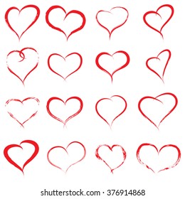 Vector concept conceptual painted red heart shape or love symbol set or collection, made by a happy child at school isolated on white background metaphor to valentine, romantic, education, art feeling