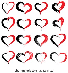 Vector concept conceptual painted red black heart shape or love symbol set or collection, made by a happy child at school isolated on background metaphor to valentine, romantic, education, art feeling