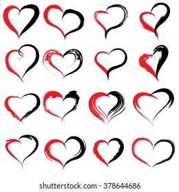 Vector concept conceptual painted red black heart shape or love symbol set or collection, made by a happy child at school isolated on background metaphor to valentine, romantic, education, art feeling