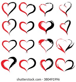 Vector concept conceptual painted red black heart shape or love symbol set or collection, made by a happy child at school isolated on background metaphor to valentine, romantic, education, art feeling