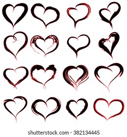 Vector concept conceptual painted red black heart shape or love symbol set or collection, made by a happy child at school isolated on background metaphor to valentine, romantic, education, art feeling