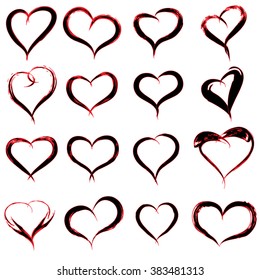 Vector concept conceptual painted red black heart shape or love symbol set or collection, made by a happy child at school isolated on background metaphor to valentine, romantic, education, art feeling