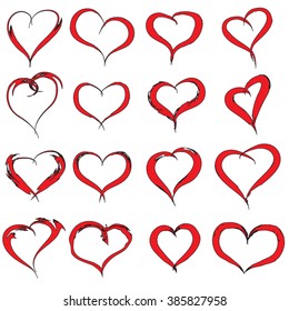 Vector concept conceptual painted red black heart shape or love symbol set or collection, made by a happy child at school isolated on background metaphor to valentine, romantic, education, art feeling