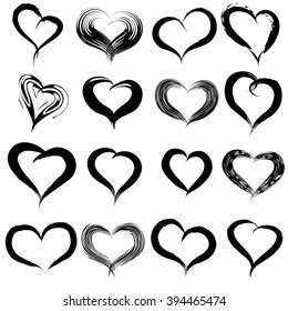 Vector concept conceptual painted red black heart shape or love symbol set or collection, made by a happy child at school isolated on background metaphor to valentine, romantic, education, art feeling