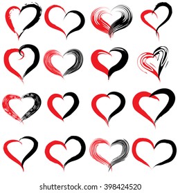 Vector concept conceptual painted red black heart shape or love symbol set or collection, made by a happy child at school isolated on background metaphor to valentine, romantic, education, art feeling