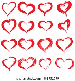Vector concept conceptual painted red heart shape or love symbol set or collection, made by a happy child at school isolated on white background metaphor to valentine, romantic, education, art feeling