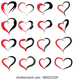 Vector concept or conceptual painted red black heart shape love symbol set or collection, made by a happy child at school isolated on background metaphor to valentine, romantic, education, art feeling