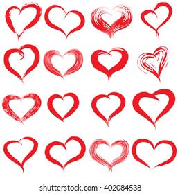 Vector concept conceptual painted red heart shape or love symbol set or collection, made by a happy child at school isolated on white background metaphor to valentine, romantic, education, art feeling