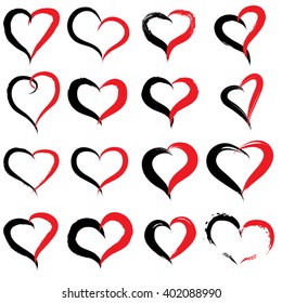 Vector concept conceptual painted red black heart shape or love symbol set or collection, made by a happy child at school isolated on background metaphor to valentine, romantic, education, art feeling