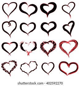 Vector concept conceptual painted red black heart shape or love symbol set or collection, made by a happy child at school isolated on background metaphor to valentine, romantic, education, art feeling