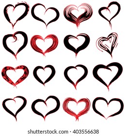Vector concept conceptual painted red black heart shape or love symbol set or collection, made by a happy child at school isolated on background metaphor to valentine, romantic, education, art feeling