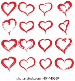 Vector concept conceptual painted red heart shape or love symbol set or collection, made by a happy child at school isolated on white background metaphor to valentine, romantic, education, art feeling