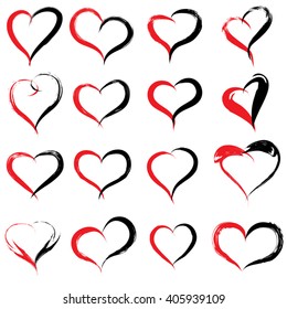 Vector concept conceptual painted red black heart shape or love symbol set or collection, made by a happy child at school isolated on background metaphor to valentine, romantic, education, art feeling