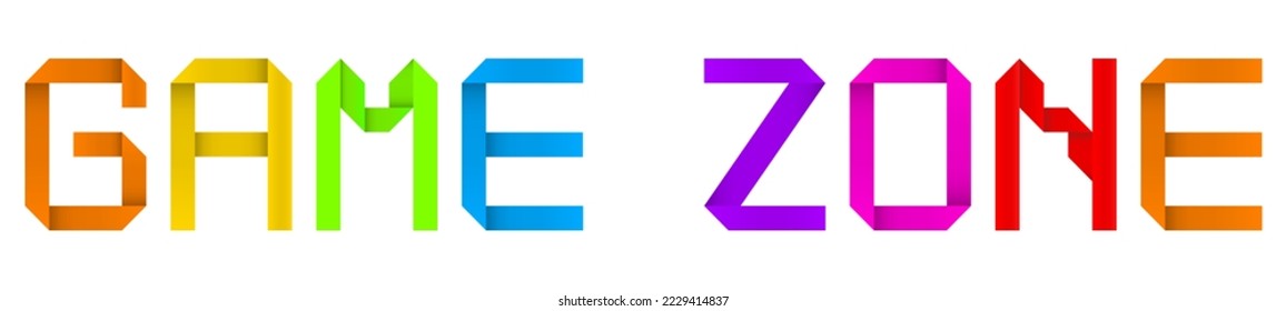 Vector concept or conceptual paper origami font forming GAME  ZONE  text isolated on white background as a metaphor for fun , childhood, party, creativity, happiness and joy