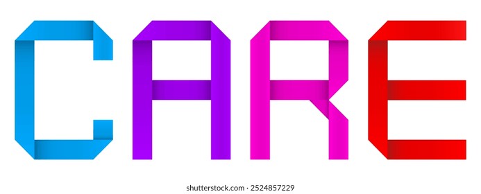 Concepto de Vector o fuente de origami de papel conceptual que forma la palabra CUIDADO aislado sobre fondo blanco como metáfora de ayuda, Asistencia, amor, amistad, compasión, amabilidad y salud