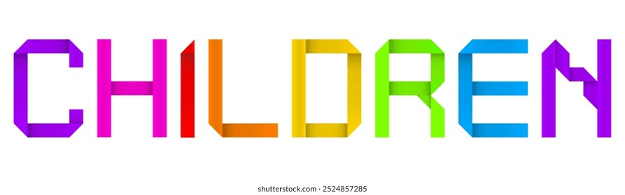 Vector concept or conceptual paper origami font forming the word CHILDREN  isolated on white background as a metaphor for curiosity, imagination, enthusiasm, kindness, learning, love and family 