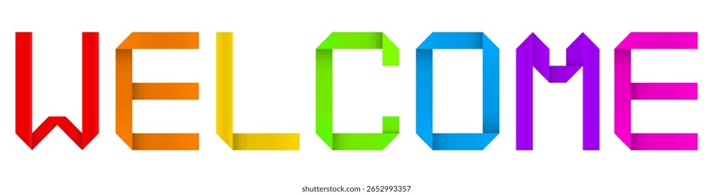 Vector concept or conceptual paper origami font forming WELCOME  word  isolated on white background as a metaphor for greeting, school, education, activity,  curiosity and kindness