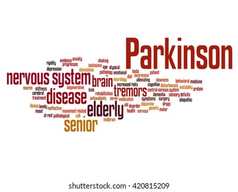 Vector concept conceptual Parkinson`s disease healthcare or nervous system disorder abstract word cloud isolated on background, metaphor to healthcare, illness, degenerative, genetic, symptom or brain
