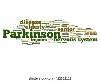 Konzeptueller Begriff Parkinson'sche Krankheit Gesundheitsversorgung oder Störung des Nervensystems abstrakte Wortwolke einzeln auf dem Hintergrund, Metapher für das Gesundheitswesen, Krankheit, degenerative, genetische, Symptome oder Gehirn