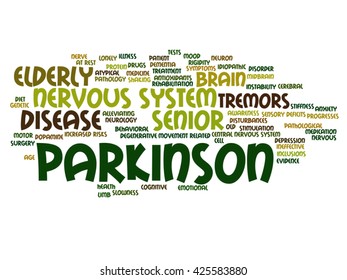 Vector concept conceptual Parkinson`s disease healthcare or nervous system disorder abstract word cloud isolated on background, metaphor to healthcare, illness, degenerative, genetic, symptom or brain