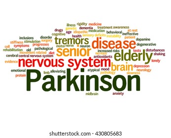 Concepto vectorial Enfermedad de Parkinson o trastorno del sistema nervioso Nube de palabras abstractas aisladas en segundo plano, metáfora a la salud, enfermedad, degenerativa, genética, síntoma o cerebro
