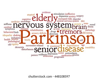 Vector concept conceptual Parkinson`s disease healthcare or nervous system disorder abstract word cloud isolated on background, metaphor to healthcare, illness, degenerative, genetic, symptom or brain