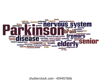Vector concept conceptual Parkinson`s disease healthcare or nervous system disorder abstract word cloud isolated on background, metaphor to healthcare, illness, degenerative, genetic, symptom or brain