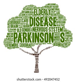 Vector concept conceptual Parkinson`s disease healthcare or nervous system disorder abstract tree word cloud isolated on background metaphor to healthcare, illness, degenerative, genetic symptom brain