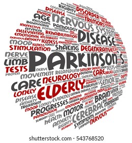 Vector concept conceptual Parkinson`s disease healthcare or nervous system disorder abstract word cloud isolated on background metaphor to healthcare, illness, degenerative, genetic, symptom or brain