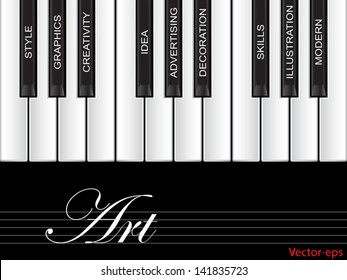 Vector concept or conceptual piano keys word cloud isolated on black background metaphor to design,graphic,nature,ecology,child,young,idea,style,creative,fashion,artist ,art,decor abstract project