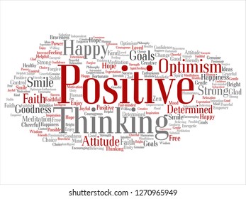 Vector concept, conceptual positive thinking, happy strong attitude abstract word cloud isolated on background. Collage of optimism smile, faith, courageous goals, goodness, happiness inspiration text