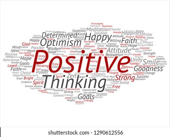 Vector concept, conceptual positive thinking, happy strong attitude abstract word cloud isolated on background. Collage of optimism smile, faith, courageous goals, goodness, happiness inspiration text