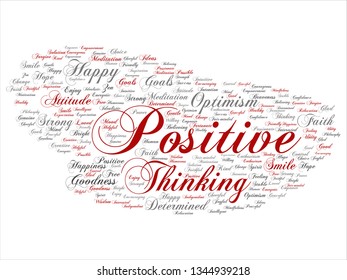 Vector concept, conceptual positive thinking, happy strong attitude abstract word cloud isolated on background. Collage of optimism smile, faith, courageous goals, goodness, happiness inspiration text