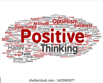 Vector concept, conceptual positive thinking, happy strong attitude abstract word cloud isolated on background. Collage of optimism smile, faith, courageous goals, goodness, happiness inspiration text